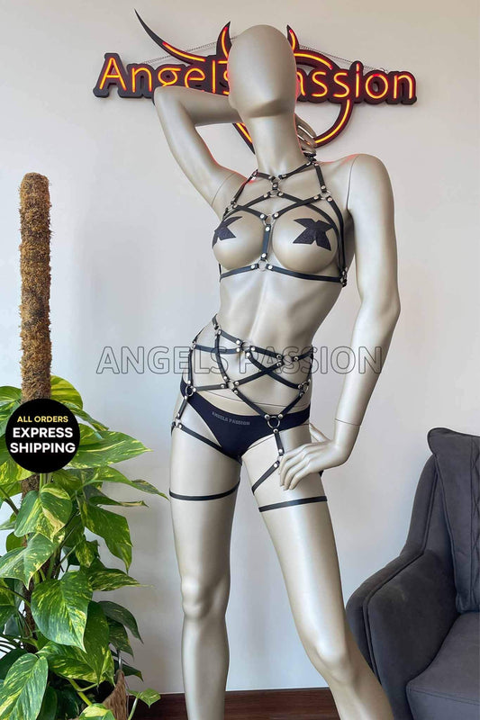 2 Piece Leather Strap Lingerie