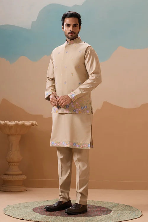 Celebration Beige Kurta Koti Pant Wedding Outfit for Men