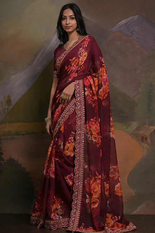 Wine Georgette Saree with Embroidery & Lace Border