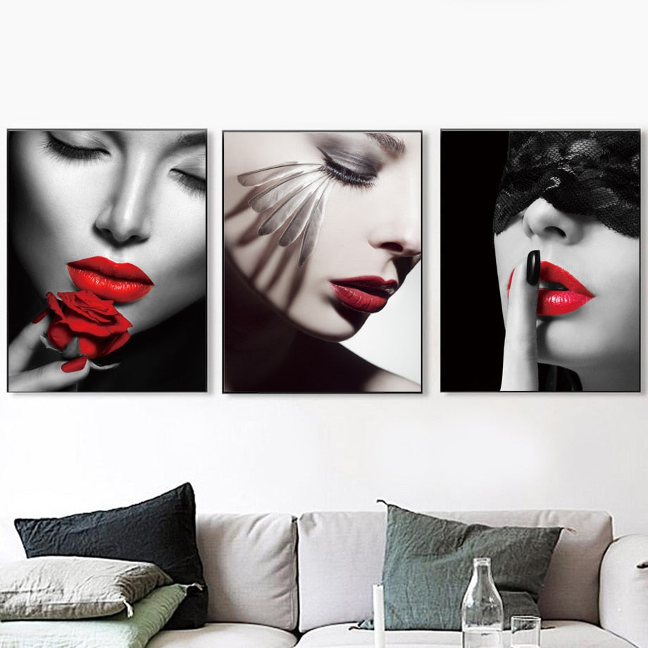 Vogue Sexy Girl Red Lips Feather Wall Art