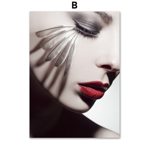 Vogue Sexy Girl Red Lips Feather Wall Art