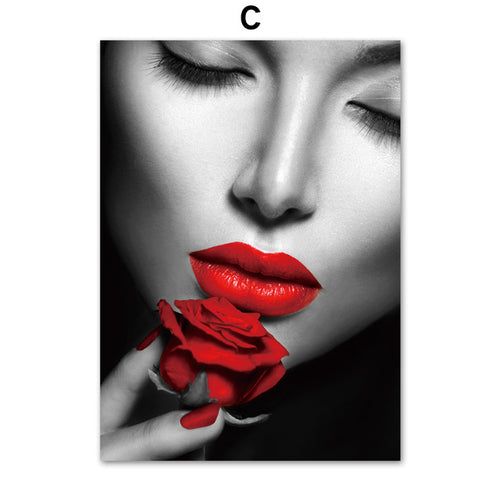 Vogue Sexy Girl Red Lips Feather Wall Art