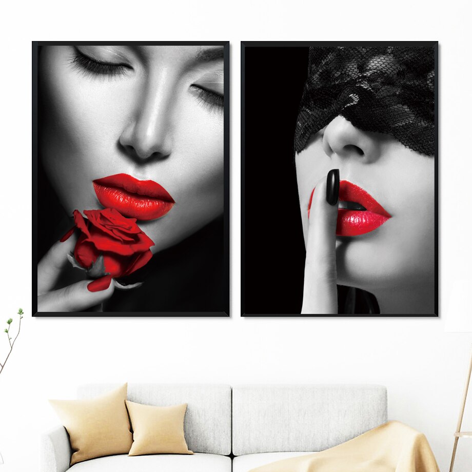 Vogue Sexy Girl Red Lips Feather Wall Art