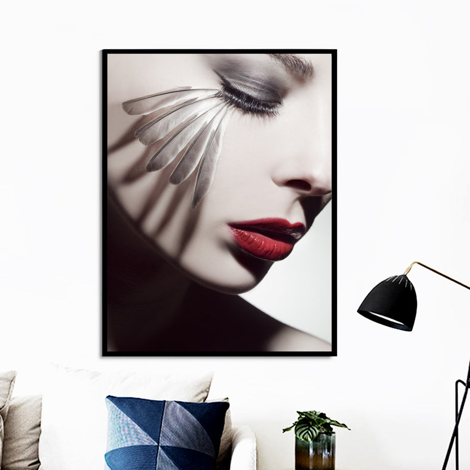 Vogue Sexy Girl Red Lips Feather Wall Art
