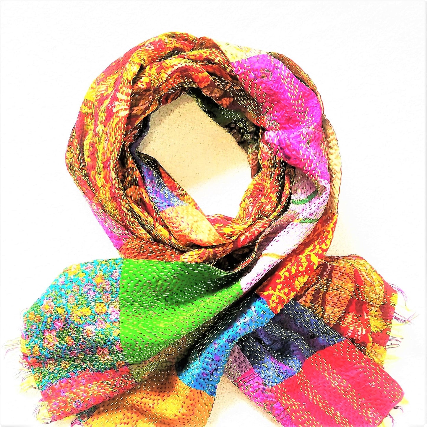 Vintage Silk Saree Kantha throw - Hand Stitched Upcycled