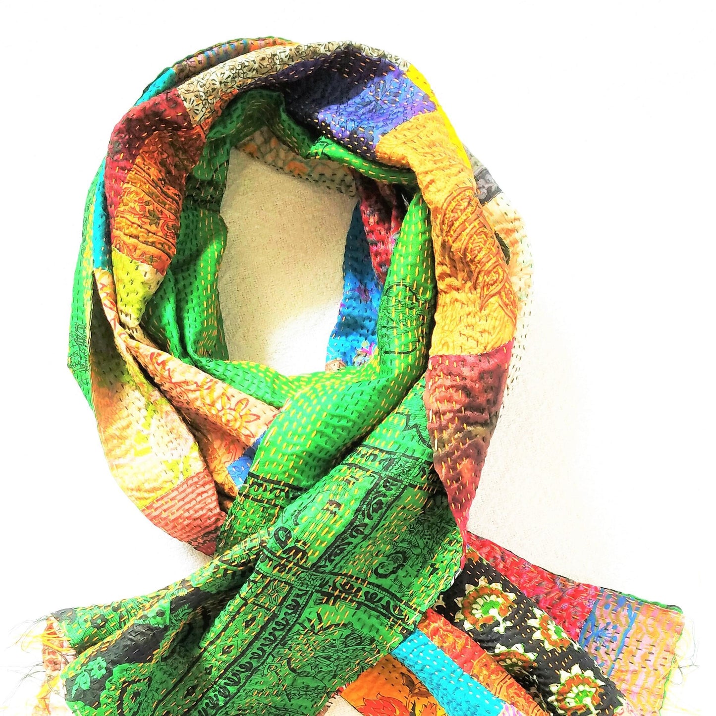 Vintage Silk Saree Kantha throw - Hand Stitched Upcycled