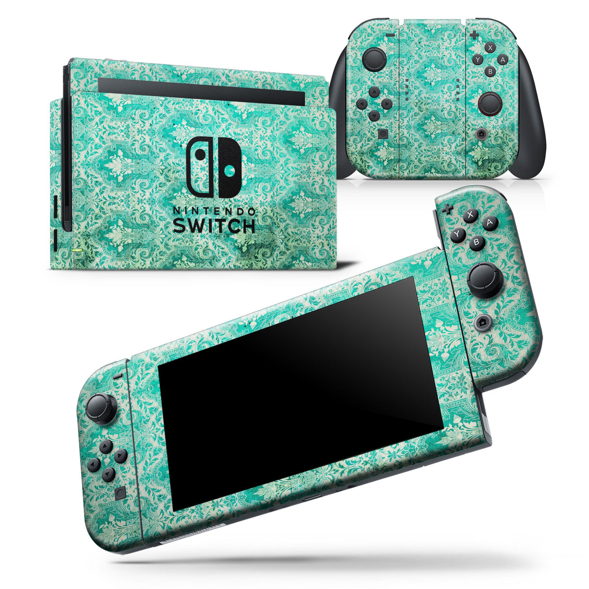 Grunge Teal Damask Pattern - Vinyl Skin Wrap for Nintendo Switch 2,