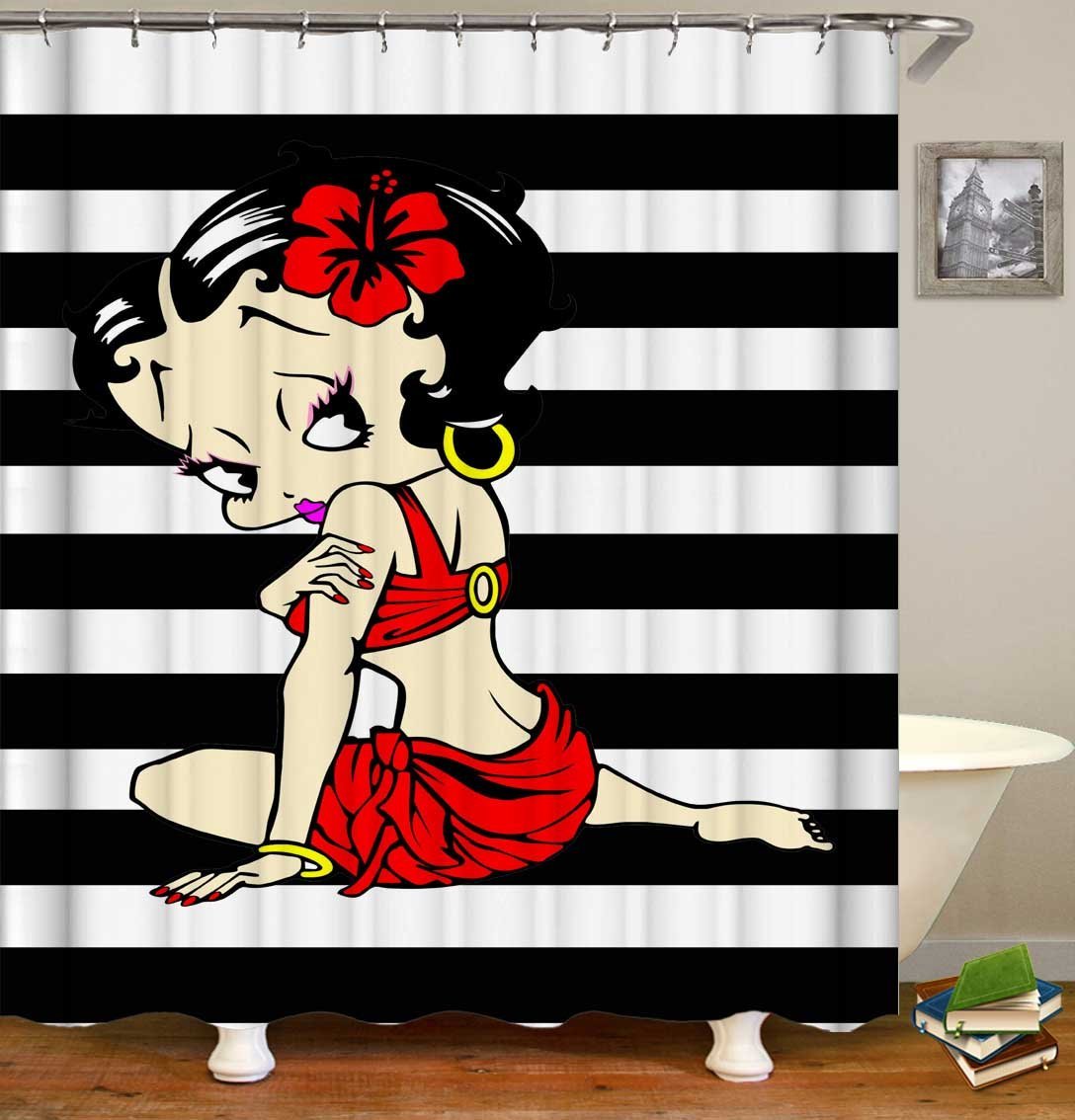 Sexy Betty Boop Over Black And White Stripes Shower Curtain