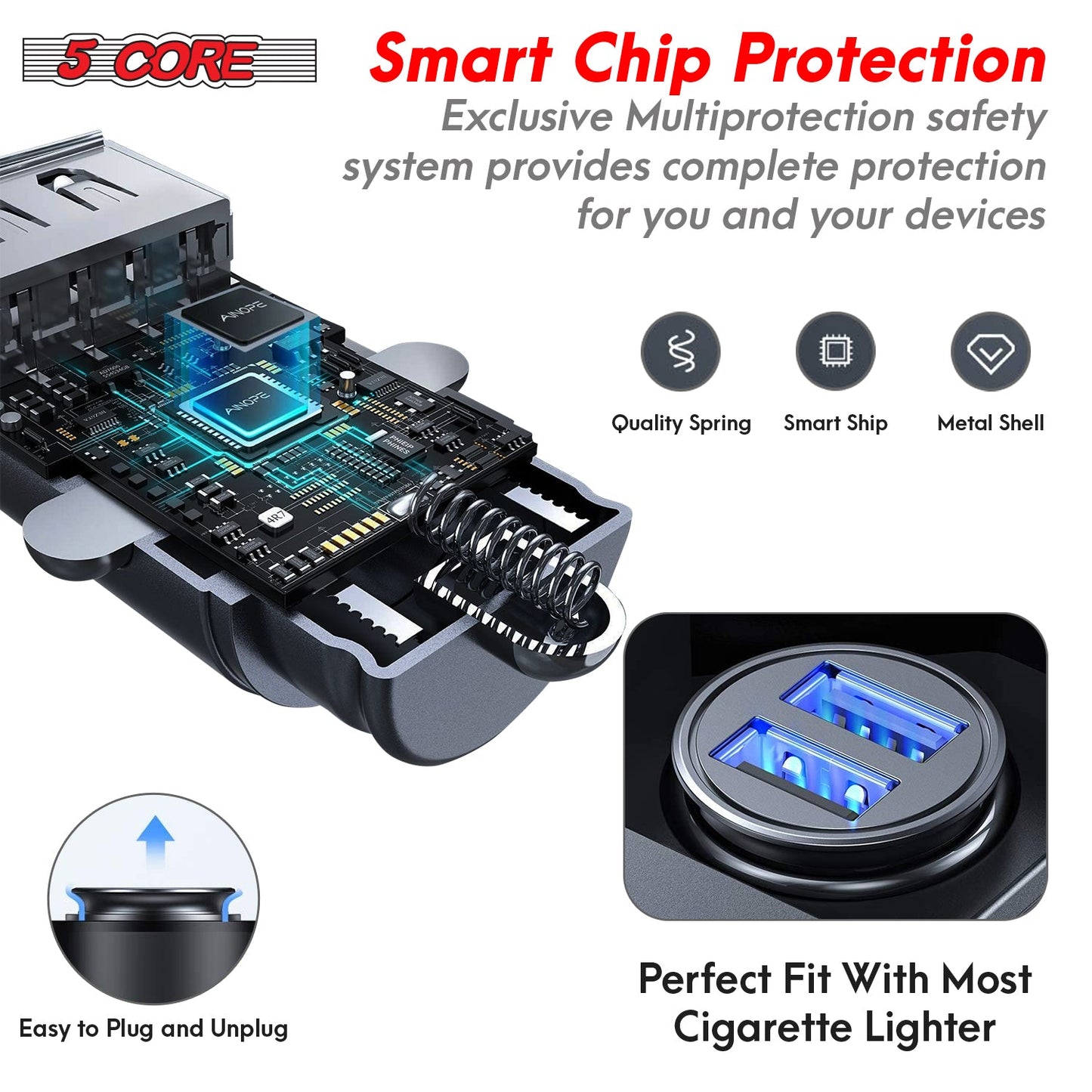 5 Core Fast Car Charger Pair Quick Charging Phone USB Adapter 2 Port