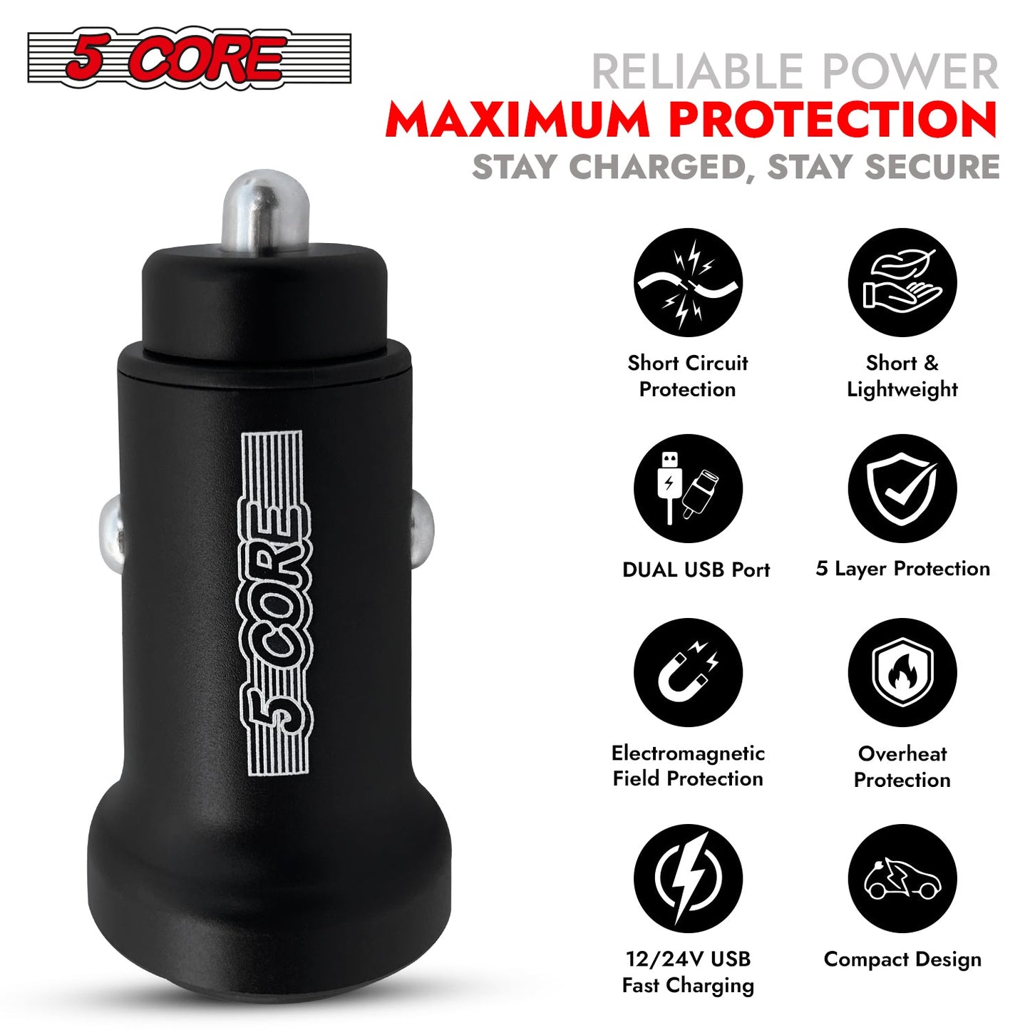 5 Core Fast Car Charger Pair Quick Charging Phone USB Adapter 2 Port