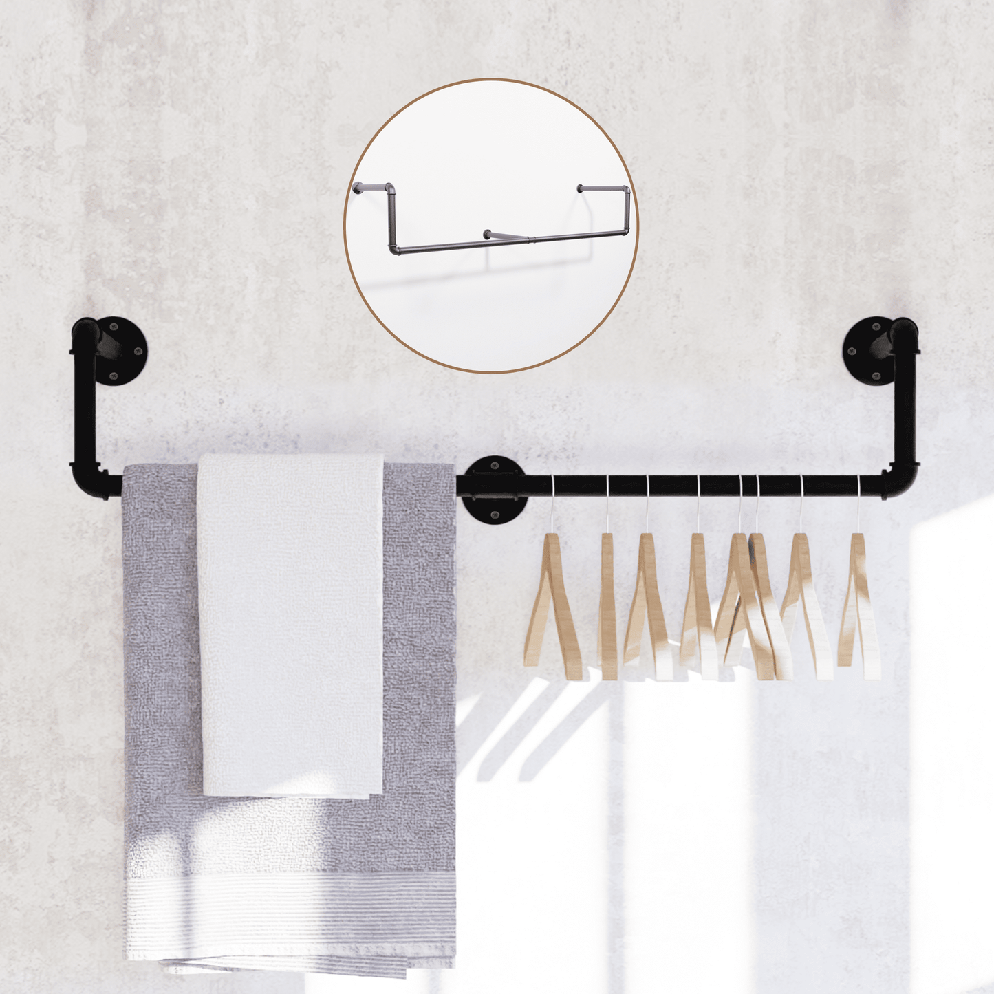 (39in - Black) Industrial Pipe Clothing Rack, Wall Mounted Clothes