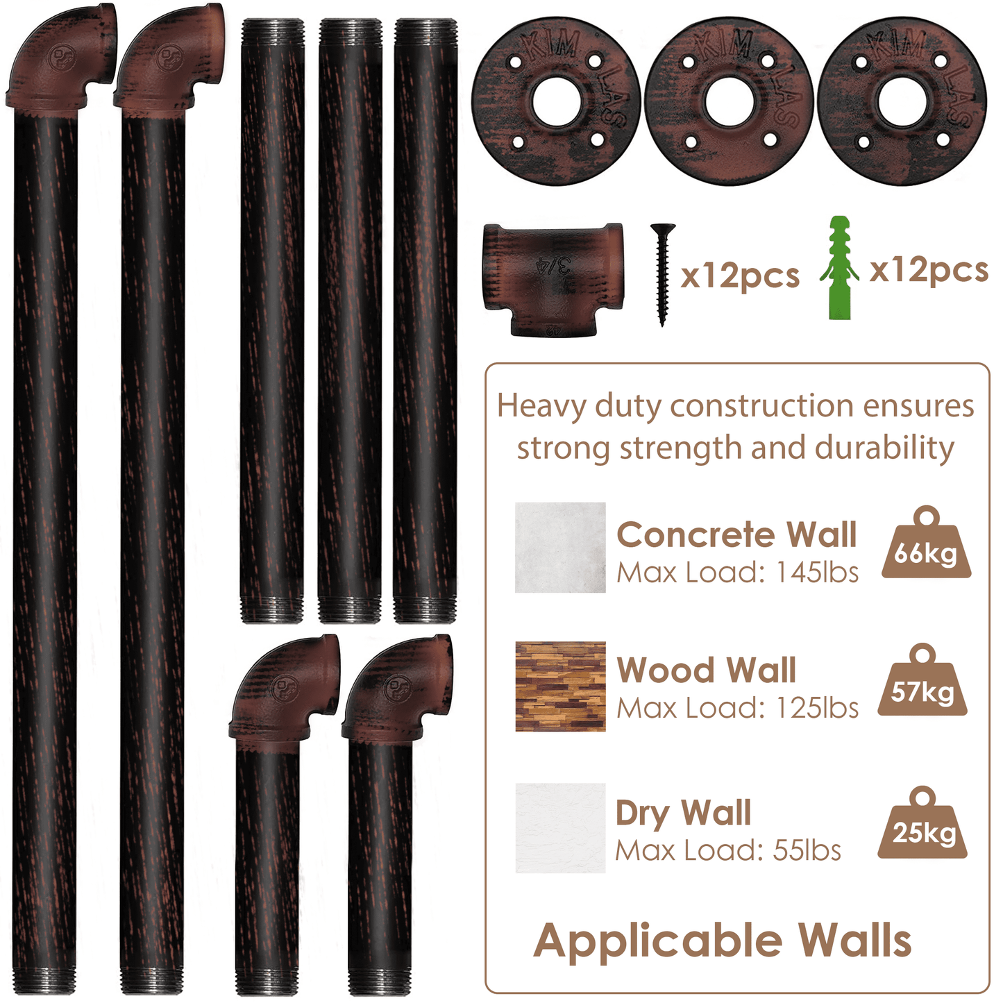 (39in - Black Brush Red Coper) Industrial Pipe Clothing Rack, Wall