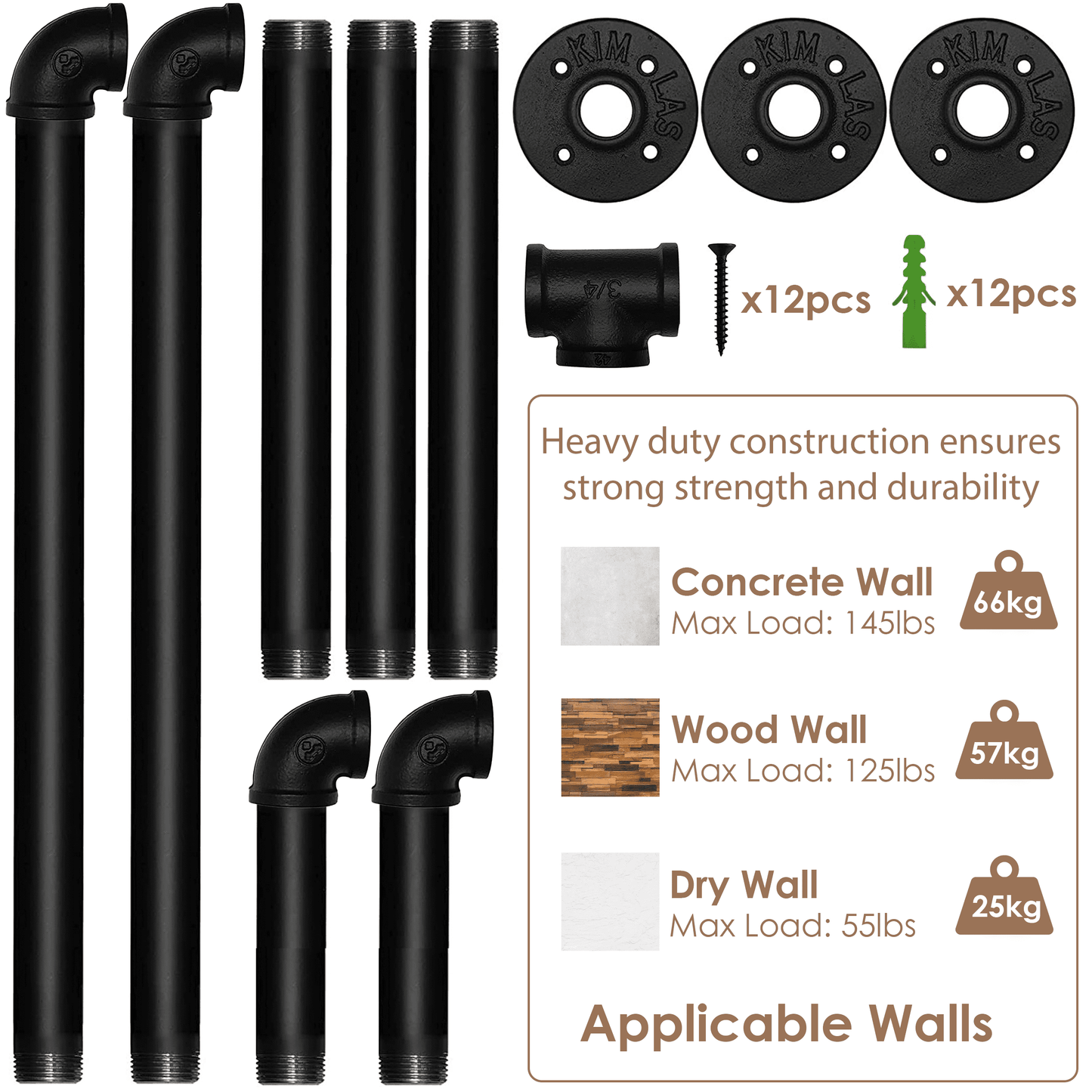 (39in - Black) Industrial Pipe Clothing Rack, Wall Mounted Clothes
