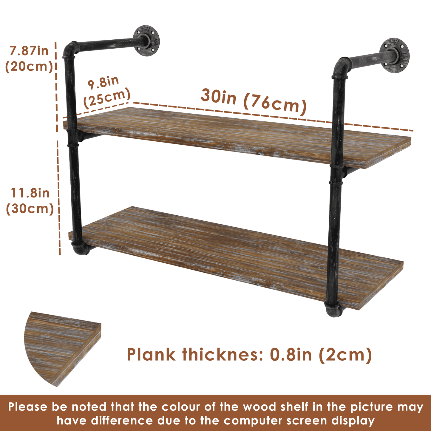 (2 Tier - 30in) Industrial Pipe Shelving, Industrial Floating Shelves
