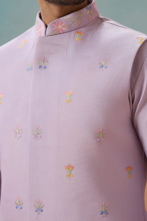 Trendy Lavender Wedding Celebration Beige Kurta Koti Pant Mens