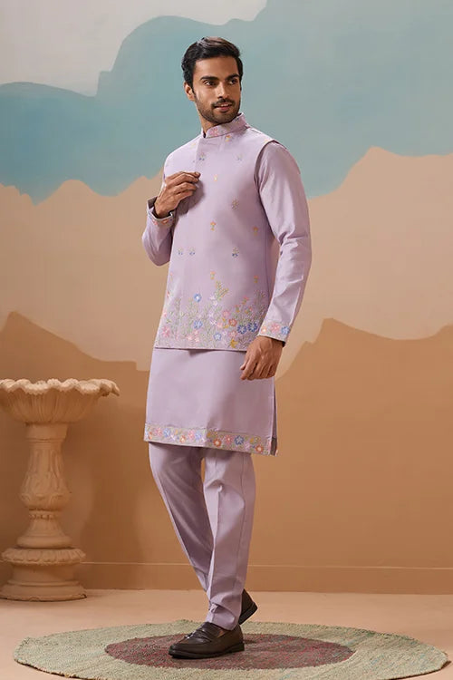 Trendy Lavender Wedding Celebration Beige Kurta Koti Pant Mens