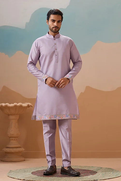 Trendy Lavender Wedding Celebration Beige Kurta Koti Pant Mens