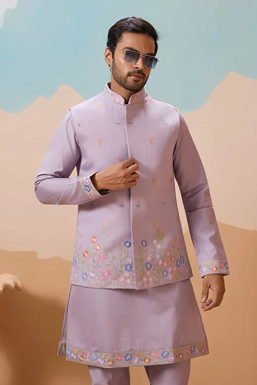 Trendy Lavender Wedding Celebration Beige Kurta Koti Pant Mens