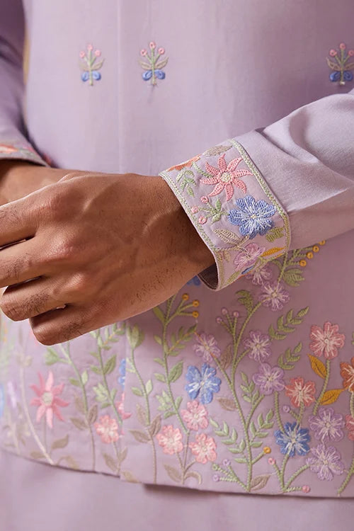 Trendy Lavender Wedding Celebration Beige Kurta Koti Pant Mens