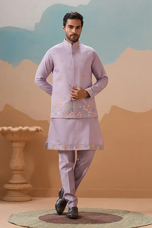 Trendy Lavender Wedding Celebration Beige Kurta Koti Pant Mens
