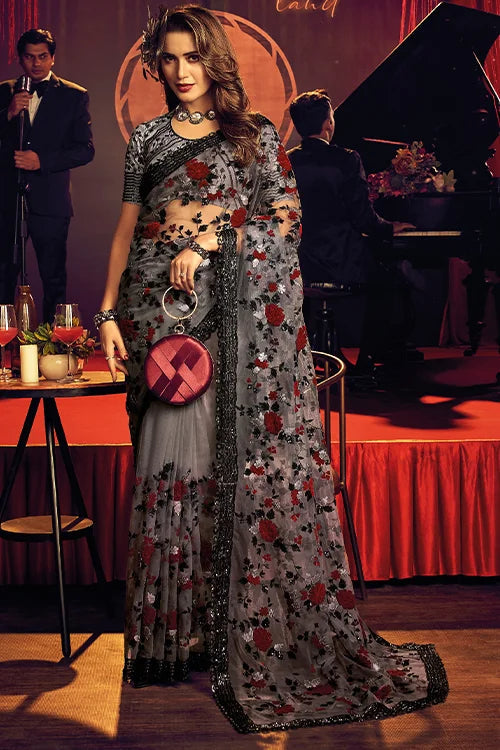 Light Grey Digital Net Party Wear Saree with Designer Blouse