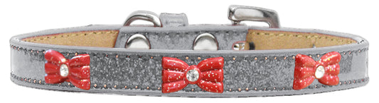 Mirage Pet 633-10 SV14 Red Glitter Bow Widget Dog Collar, Silver I