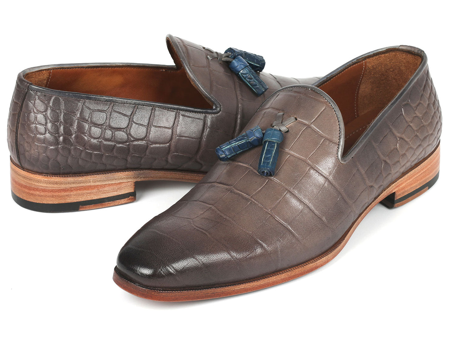 Paul Parkman Men's Gray Crocodile Embossed Calfskin Tassel Loafer
