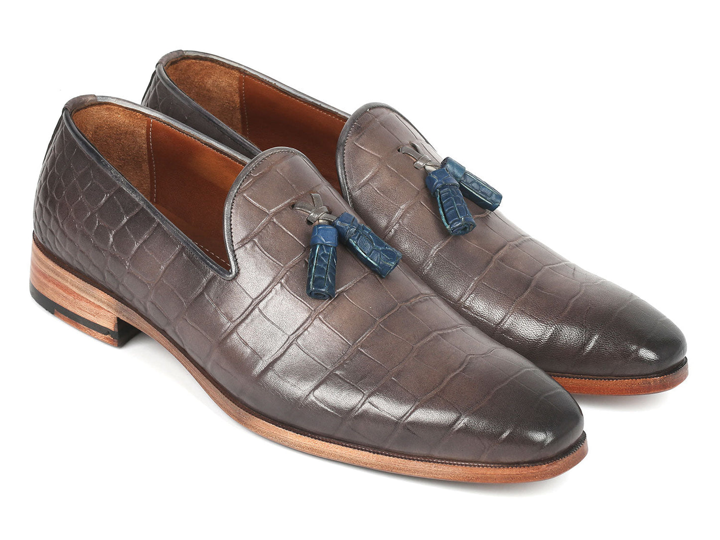 Paul Parkman Men's Gray Crocodile Embossed Calfskin Tassel Loafer