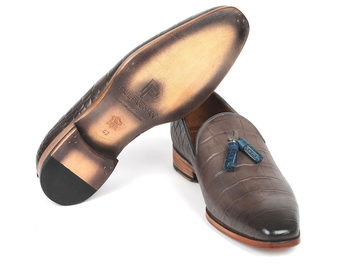 Paul Parkman Men's Gray Crocodile Embossed Calfskin Tassel Loafer