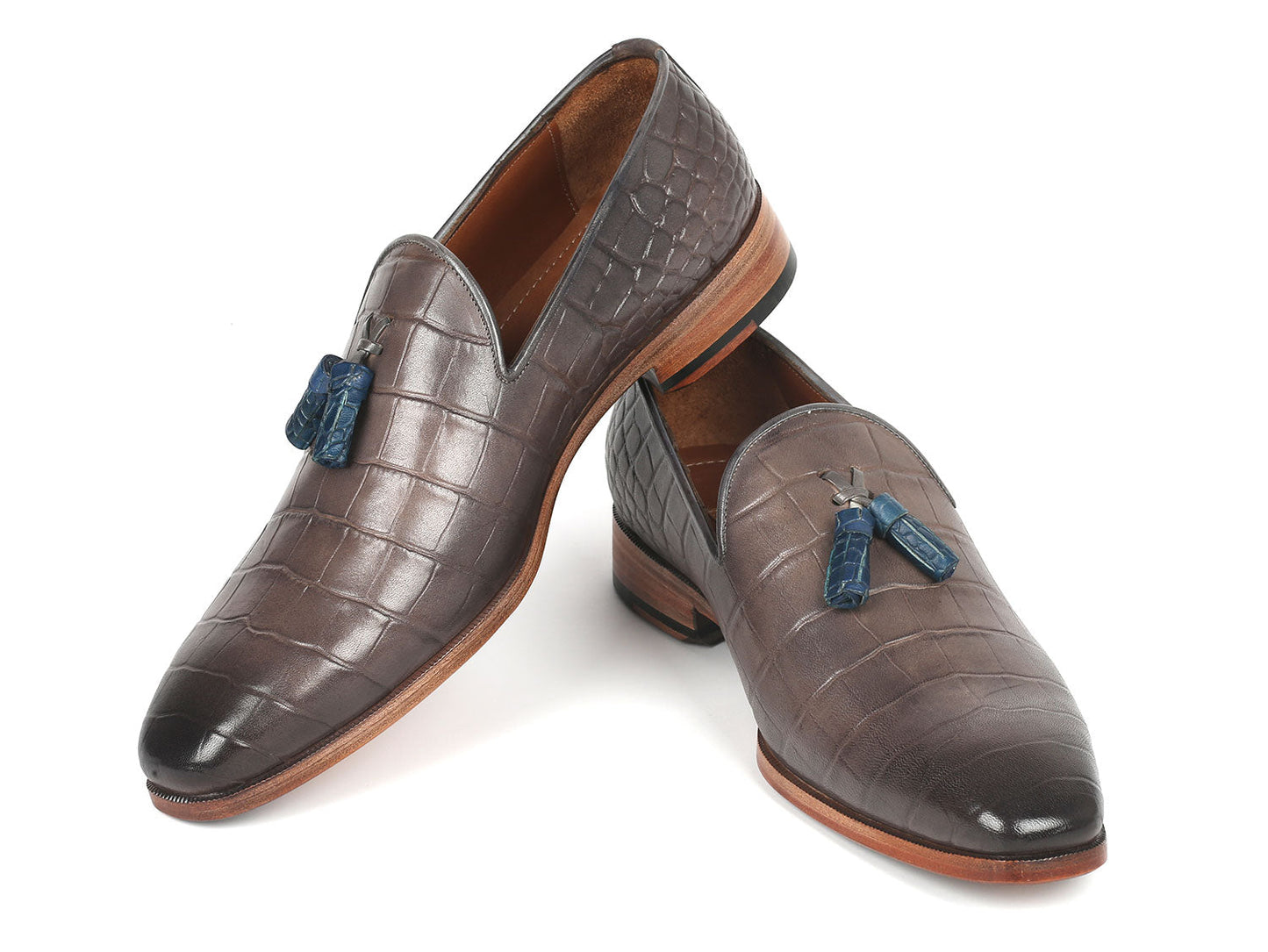 Paul Parkman Men's Gray Crocodile Embossed Calfskin Tassel Loafer