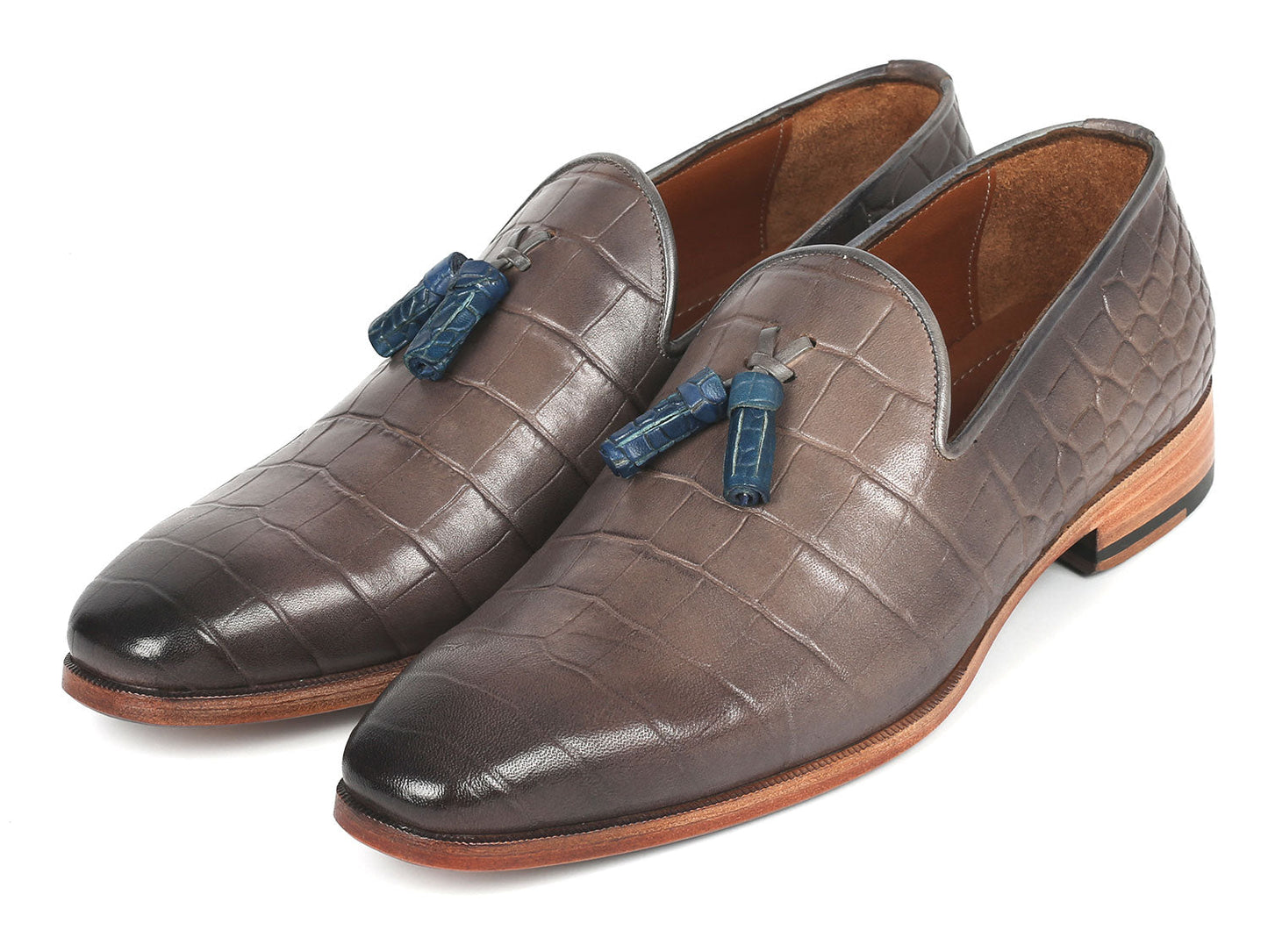 Paul Parkman Men's Gray Crocodile Embossed Calfskin Tassel Loafer
