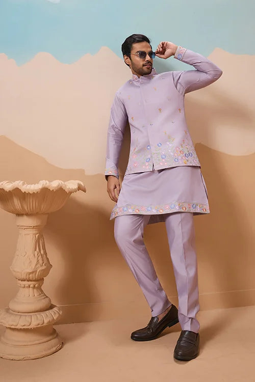 Trendy Lavender Wedding Celebration Beige Kurta Koti Pant Mens