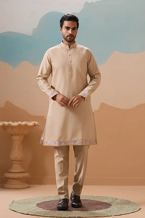 Celebration Beige Kurta Koti Pant Wedding Outfit for Men