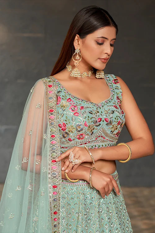 New Party Wear Collection Lehenga Choli With Dupatta Sky Blue Colour