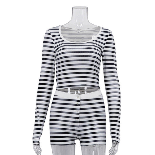 Women Clothing Striped Sexy round Neck Long Sleeve Top Shorts Two