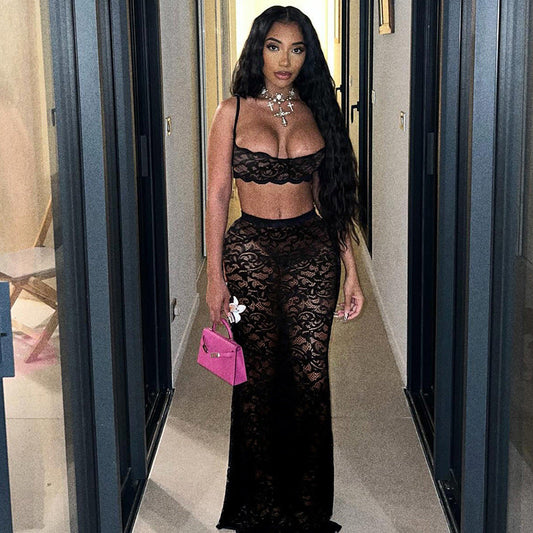 Women's Sexy 2pc Set Cutout Sling Top High Waist Lace Bodysuit Romper