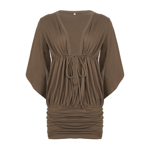 Sexy Sheath Dress V neck Lace up Pleated Batwing Sleeve Hollow Out