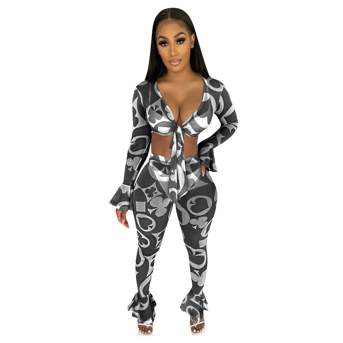 Women  Clothing Fashion Sexy Mesh Floral Print Ruffled Two-Piece