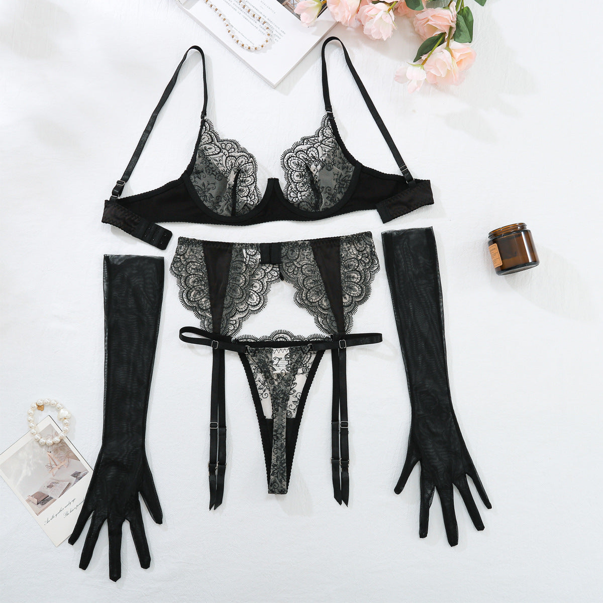 Popular Sexy Embroidery Lace Sexy Backless Bra Suit Four Piece Set