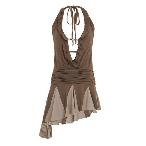 Sexy Waste Soil Deep V Plunge Wooden Ear Strap Halter Dress Backless