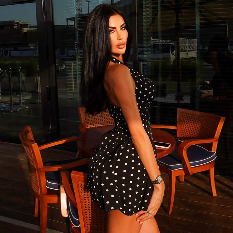 Polka Dot Slimming Printed Sexy A line Dress Deep V Plunge neck