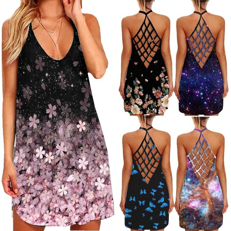 2021  Summer New  Printed Sexy Hollow-out Halter Slim Dress for Women