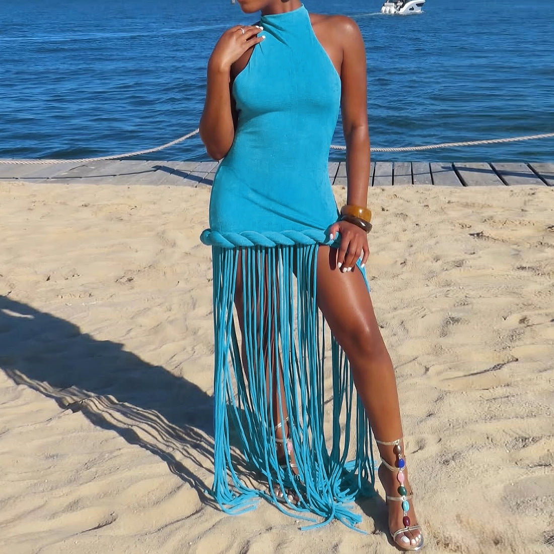 Spring Women Tassel Design Halter Sexy Backless Solid Color Dress