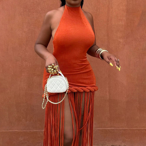 Spring Women Tassel Design Halter Sexy Backless Solid Color Dress
