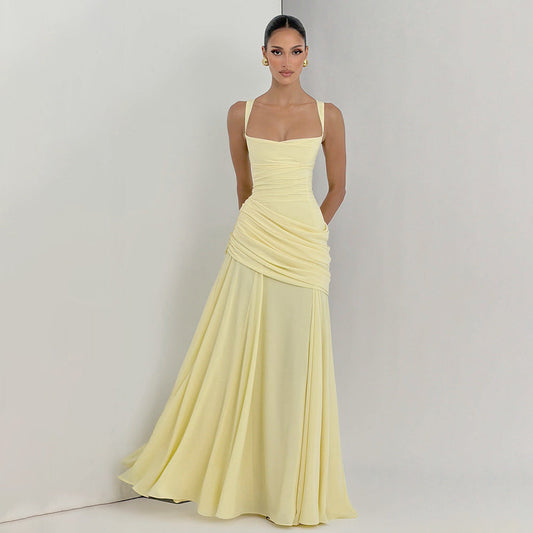 Elegant Graceful Sexy Dress Low Cut Sling Dress Solid Color Waist