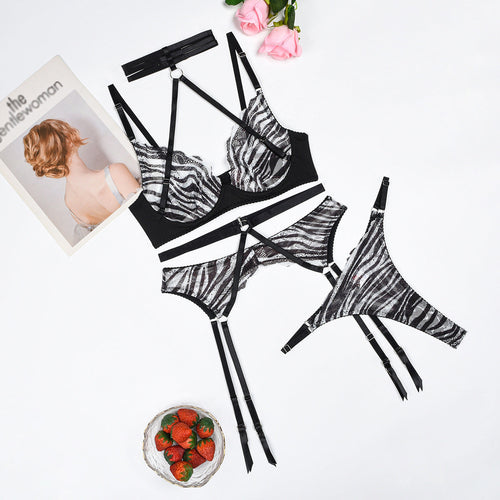 Zebra Striped Cross Neck Ring Women Sexy Underwear Split Three Piece