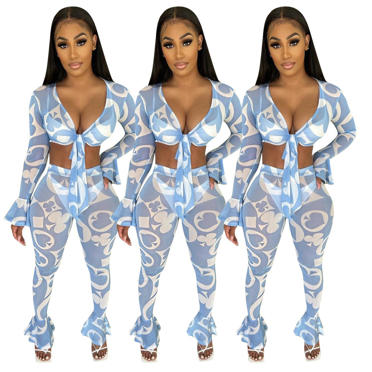 Women  Clothing Fashion Sexy Mesh Floral Print Ruffled Two-Piece