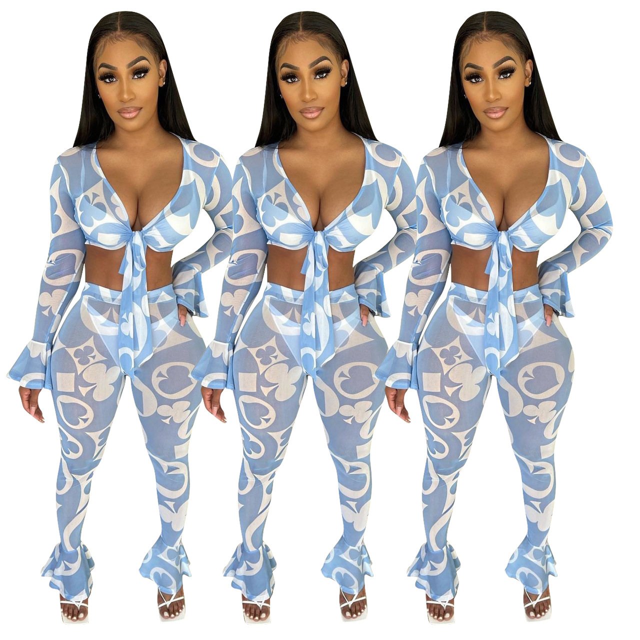 Women  Clothing Fashion Sexy Mesh Floral Print Ruffled Two-Piece