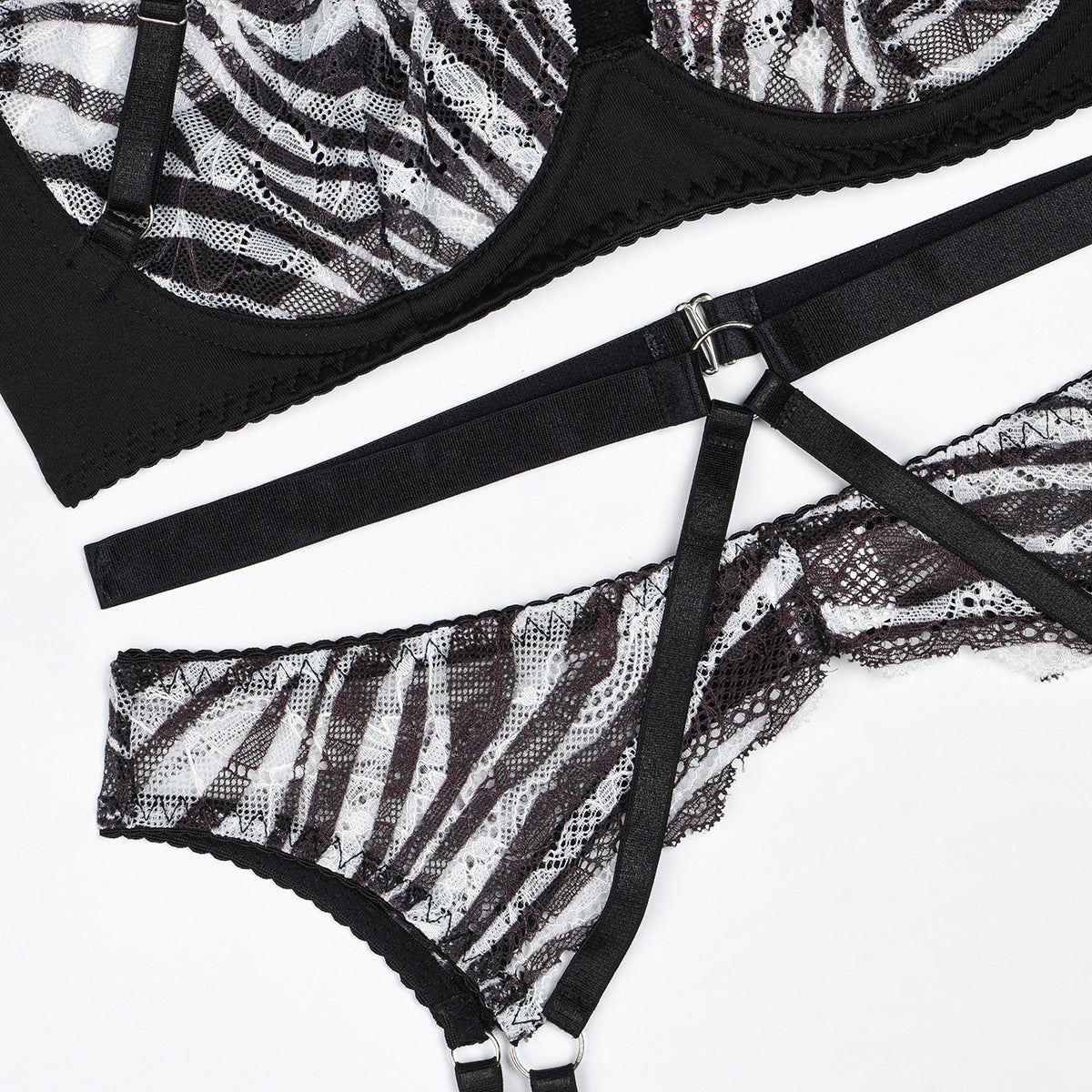 Zebra Striped Cross Neck Ring Women Sexy Underwear Split Three Piece