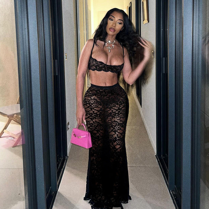 Women's Sexy 2pc Set Cutout Sling Top High Waist Lace Bodysuit Romper